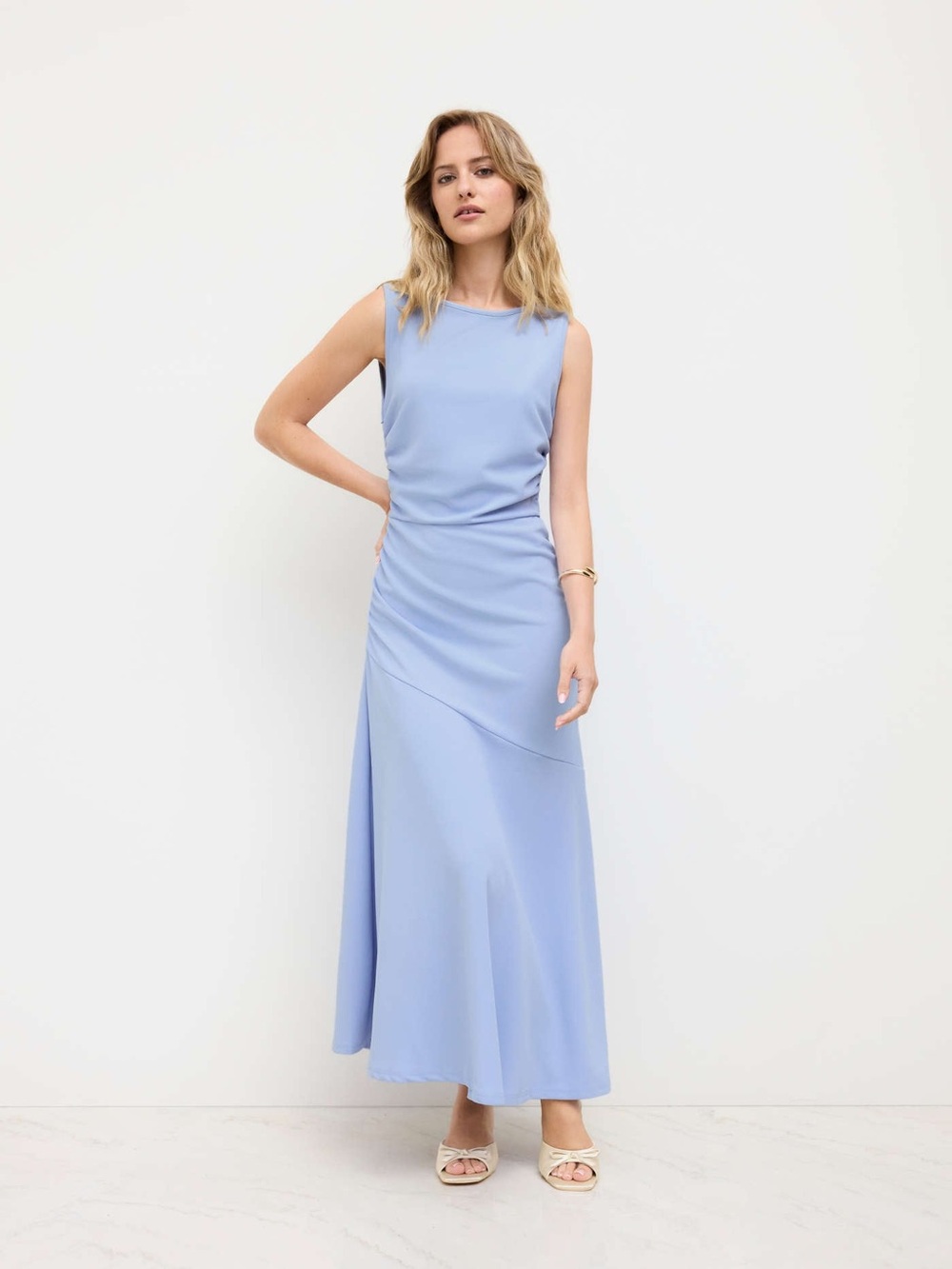 XL CIDER - BOAT NECK SOLID RUFFLE RUCHED MAXI DRESS